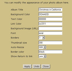 This is the properties page where the appearance of each album can be customized. If you specify an auto-resize size, when you a